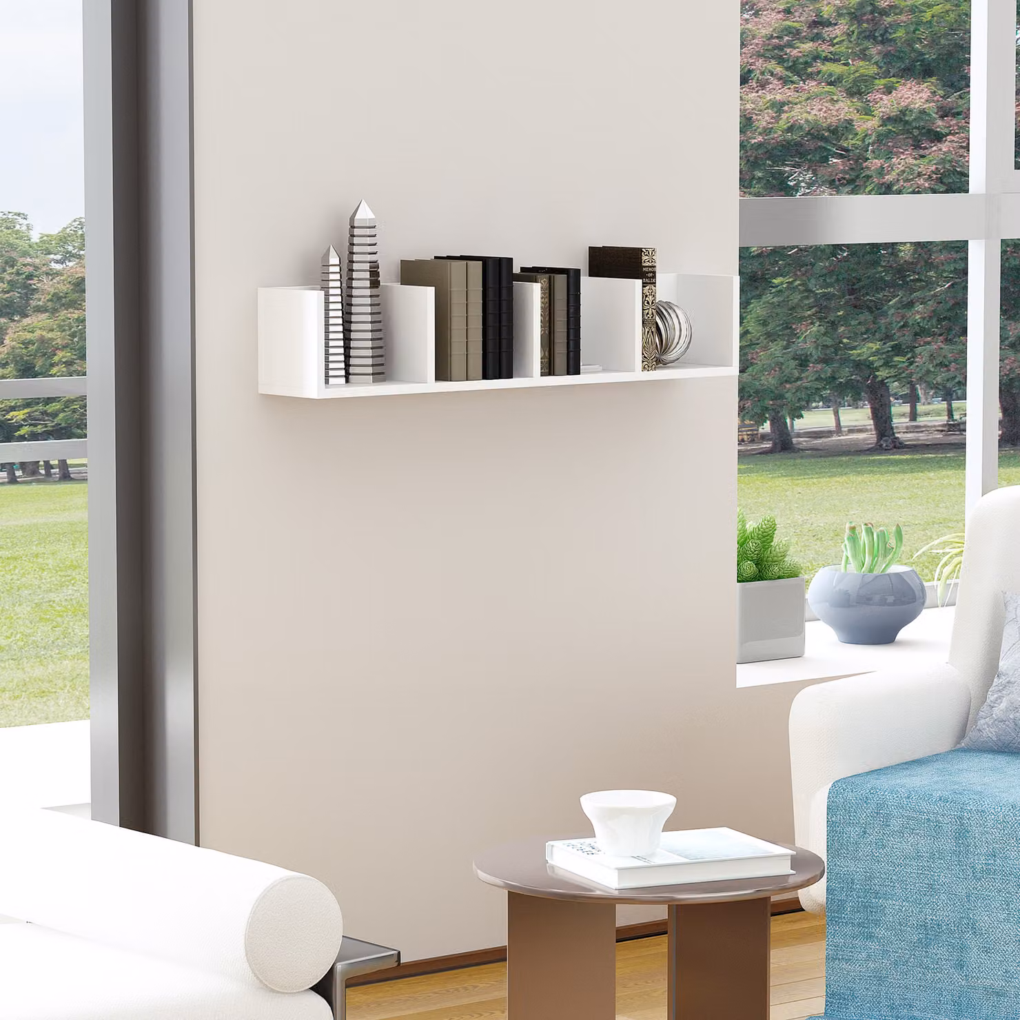 HOMCOM Set of 2 White Wooden Wall Mounted Media Storage Racks with 4 Cubes for CD, DVD and Blu-ray Organising – 6