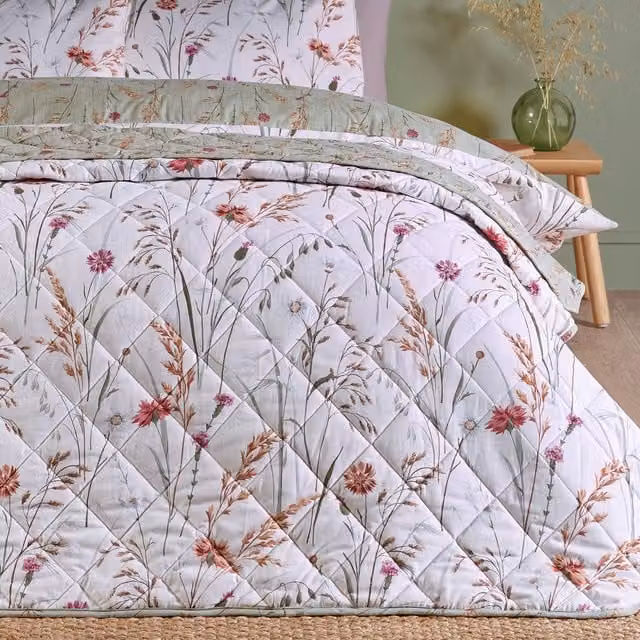 Catherine Lansfield Grasmere Floral Reversible Cotton Bedspread, Green, Multicolour, W: 200 cm, D: 220 cm