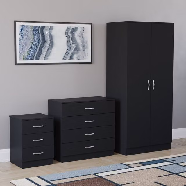 Vida Designs Riano 3 Piece Modern Black Bedroom Set including Wardrobe, Chest of Drawers and Nightstand