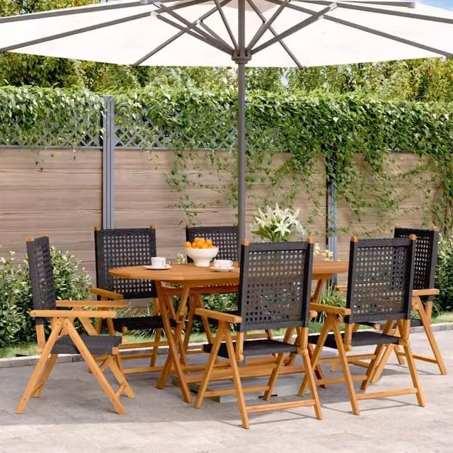 Berkfield Home Set of 6 Reclining Garden Chairs in Black Poly Rattan and Lacquered Acacia Wood – 1