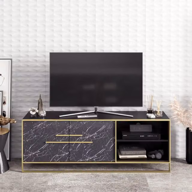 Decorotika Polka TV Unit in Black Marble Effect and Gold