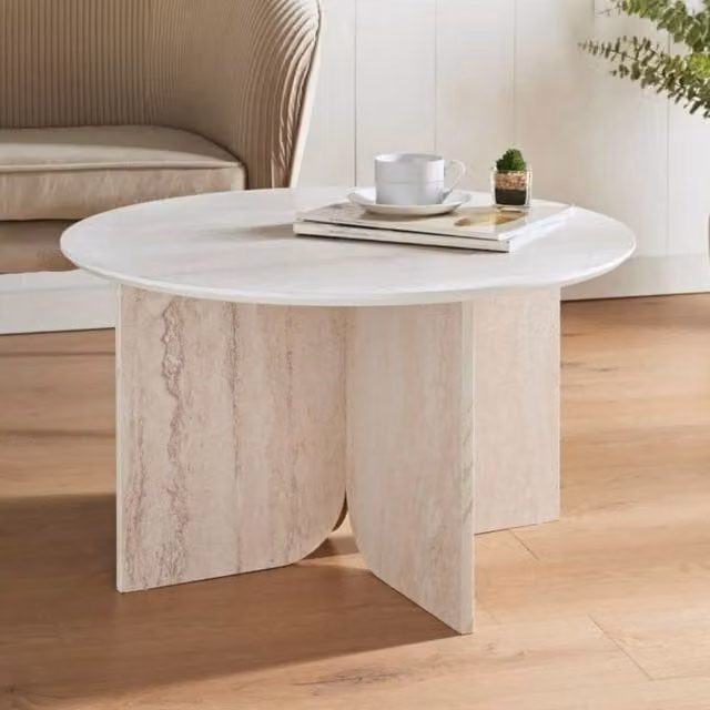 Home Luxe Interior Travertine Effect Round Coffee Table in Beige, Diameter: 70 cm, Height: 40 cm