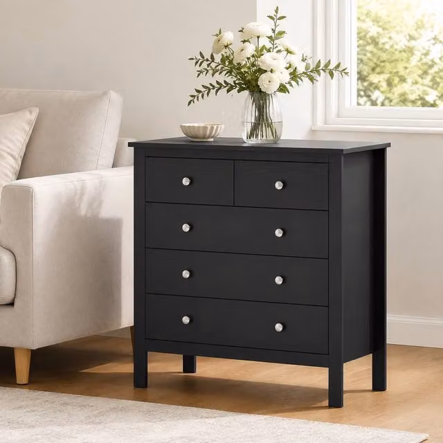 STILVORA Black 5 Drawer Chest of Drawers with Modern Design