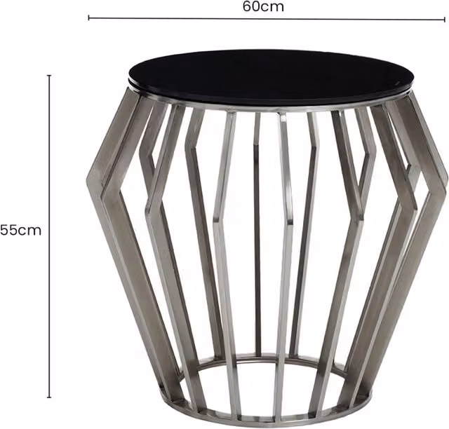 Orsina Modern Round Silver Side Table with Black Glass, W/D/H: 60 x 60 x 55 cm – 1