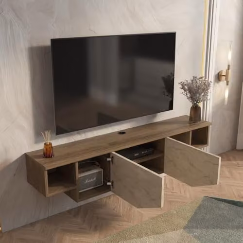 Decorotika Hera Floating TV Stand in Walnut and Travertine, W: 150 cm, H: 32 cm, D: 29.5 cm – 3