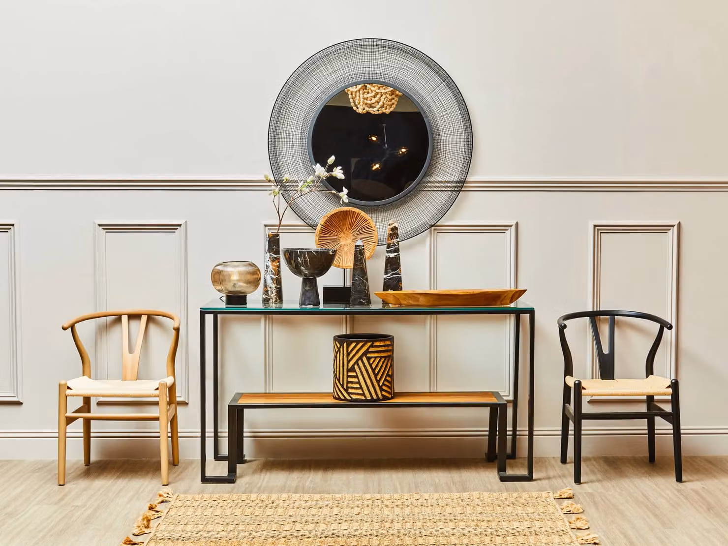 Orsina Roman Rectangular Console Table with Transparent Glass Top, Black Metal Frame and Teak Wood Lower Shelf, W/D/H: 150 x 50 x 78 cm – 2