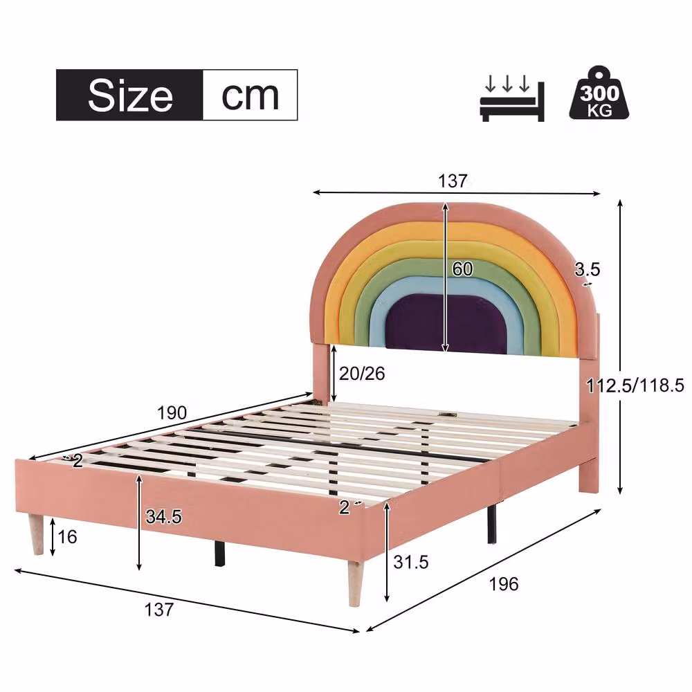 Rolipo Pink Velvet Upholstered Double Bed Frame with Adjustable Headboard W: 135 cm, L: 190 cm – 4