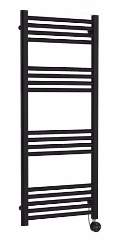 nuie MTY460 Electric Round Modern Bathroom Wall Hung Flat Panel Heated Towel Rail, Matt Black, H: 120 cm, W: 50 cm – 1