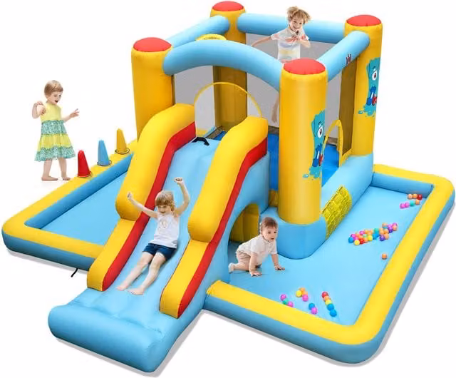 COSTWAY Inflatable Kids Bouncy Castle with Slide, Ball Pit and Safety Net, Blue and Multicolour