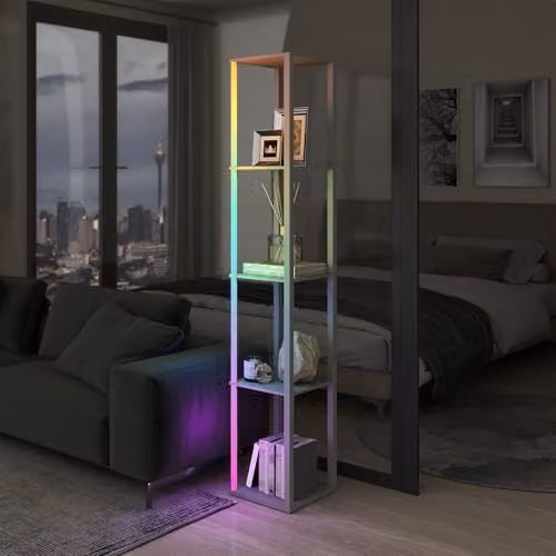 HOMCOM RGB LED Floor Lamp with Shelves and Remote Control, Grey – 4