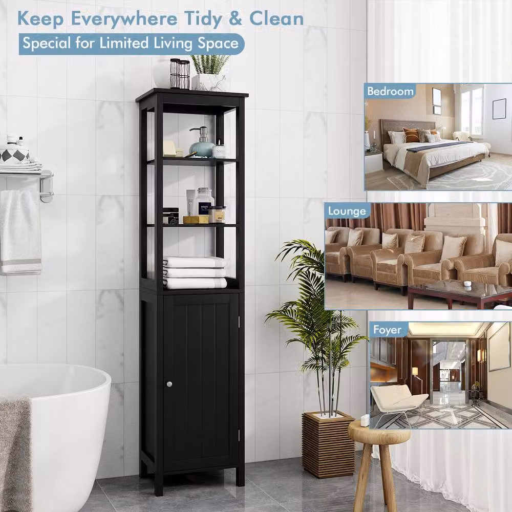 Gymax Modern Black Freestanding Bathroom Floor Cabinet with Adjustable Internal Shelves and Hinged Doors – 7