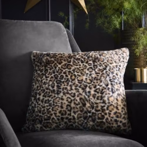 Fusion Leopard Faux Fur Cushion in Beige and Multicolour, W/D/H: 43 x 43 x 43 cm – 1