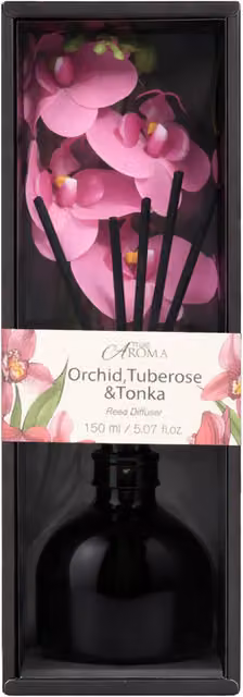 True Aroma Orchid Tuberose and Tonka Reed Diffuser in Black Glass