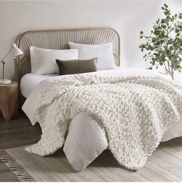Living and Home Fluffy Chunky Knit Throw Blanket in White, W/D/H: 100 x 120 cm