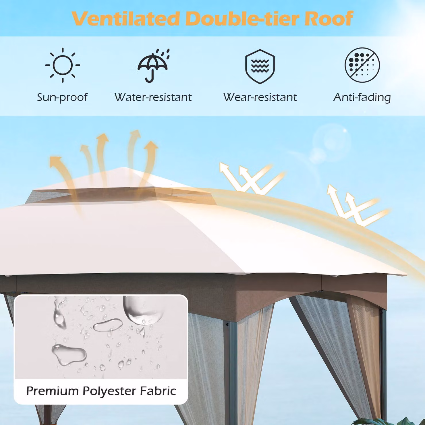 Gymax Gazebo with Netting Walls and Double Roof Canopy in Light Beige, W/D/H: 296 x 296 x 250 cm – 6