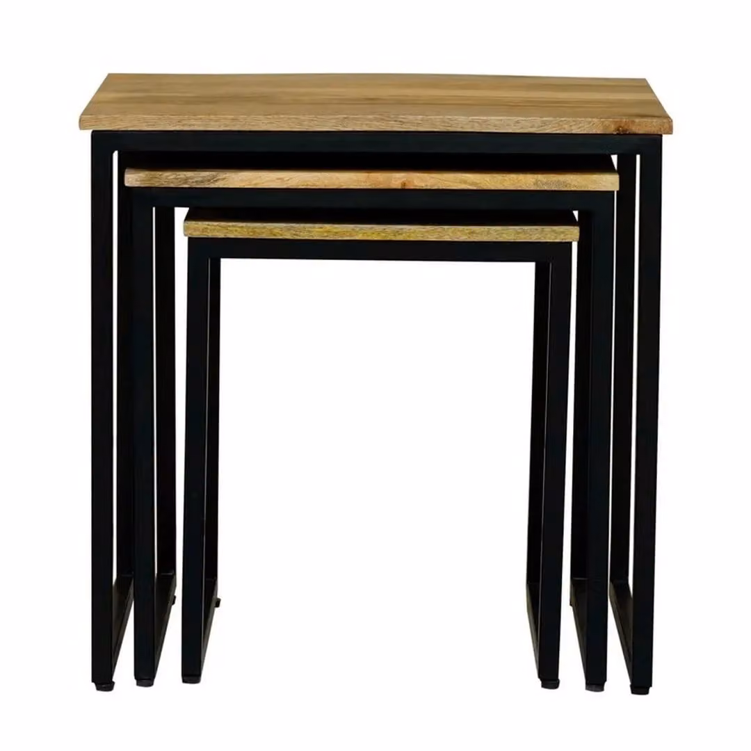 Jaipur Furniture Ltd Ravi Set of 3 Mango Wood and Iron Industrial Stools, Brown and Black, W: 54 cm, D: 40 cm, H: 54 cm – 1