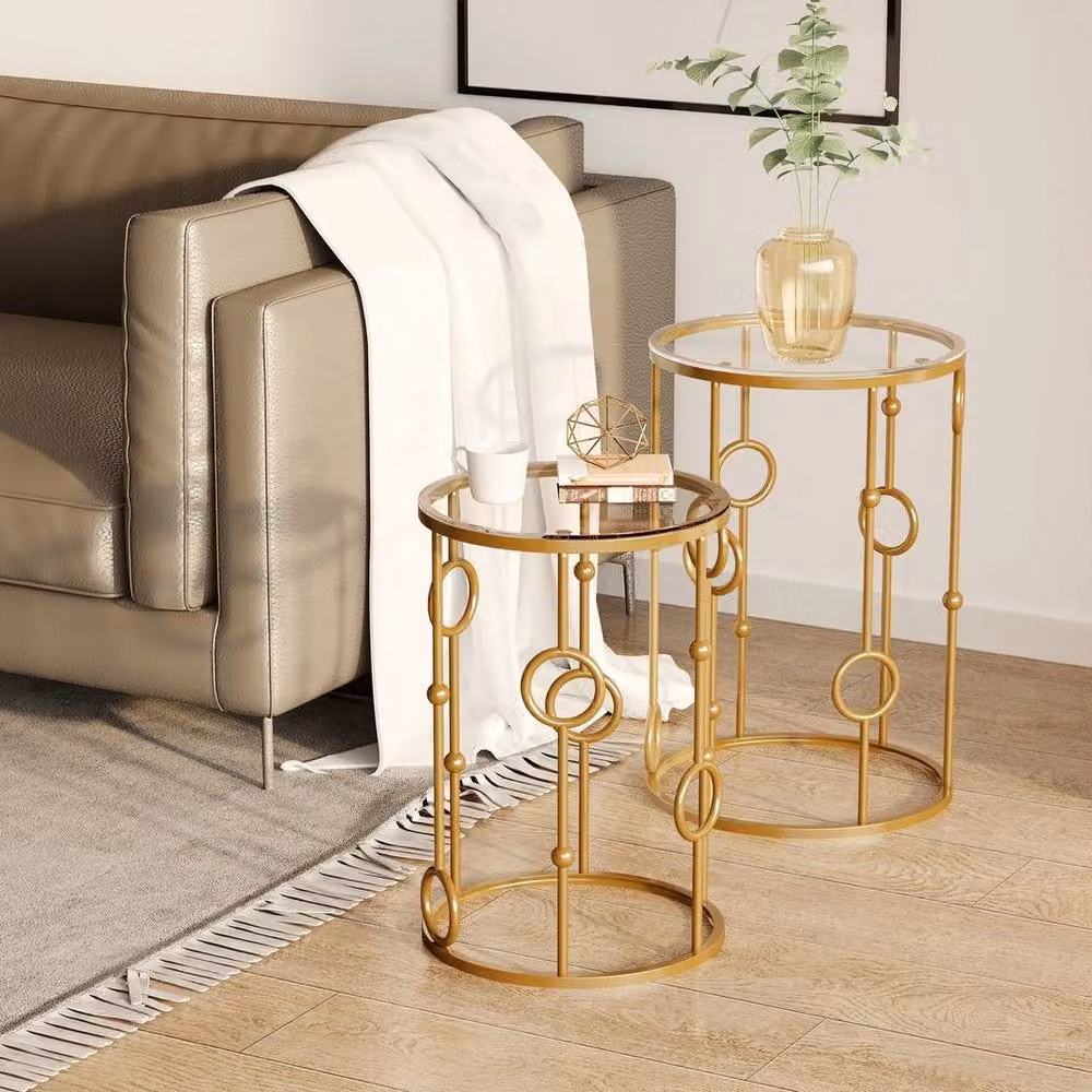 NESTLUNE Set of 2 Gold Round Glass Nesting Coffee and Side Tables – 2