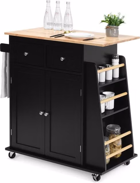 COSTWAY Black Kitchen Island Rolling Storage Cabinet Trolley Cart with Hinged Doors and Internal Shelves