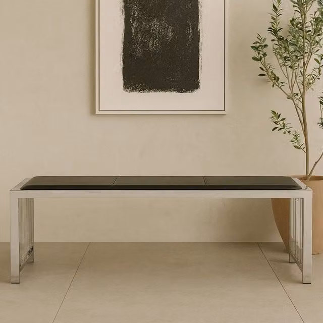 Orsina Contemporary Leather Upholstered Dining Bench in Silver with Rose Gold Metal Frame, W/D/H: 150 x 40 x 40 cm