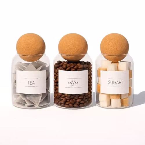 Argon Tableware Glass Tea Coffee Sugar Jars Set of 3 in Transparent with Cork Ball Lids