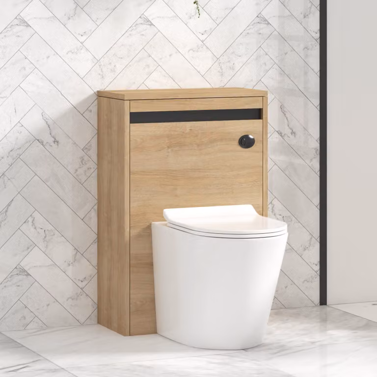 Royal Bathrooms Orion Natural Oak Wall Mounted WC Unit with Cesar Rimless Ceramic Toilet Pan, Slim Seat and Cistern, Black Accent Trim, Width: 54 cm