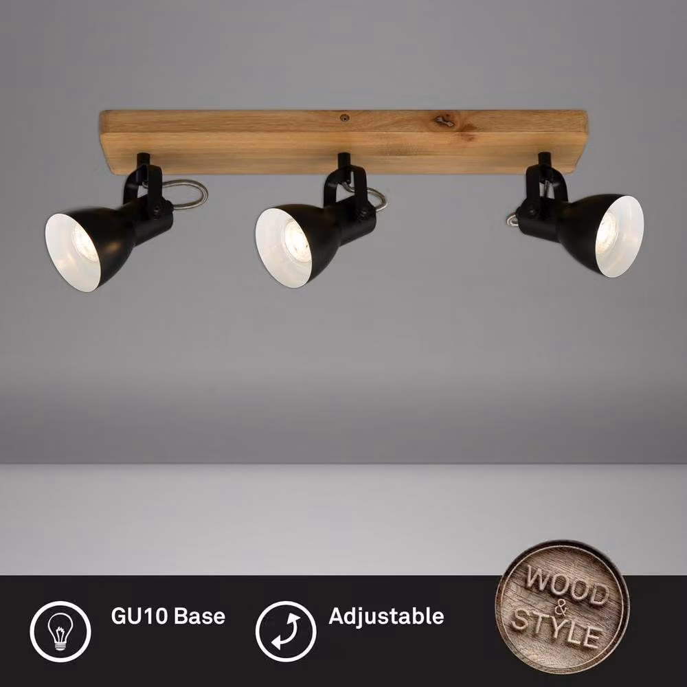 Briloner Retro 3 Way Ceiling Spotlight in Black and Wood with Adjustable GU10 Spots, 480mm – 2