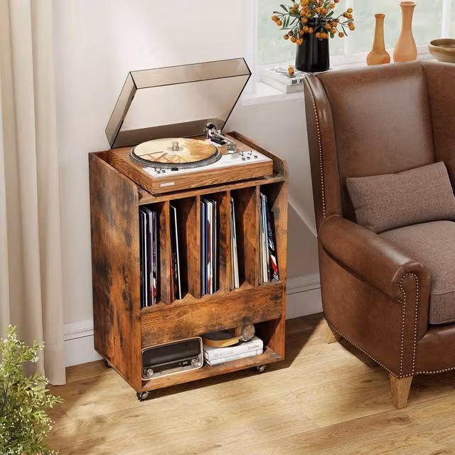 KORVIXA Brown Wood Record Player Stand with Lockable Castors, W/D/H: 100 x 73 x 100 cm