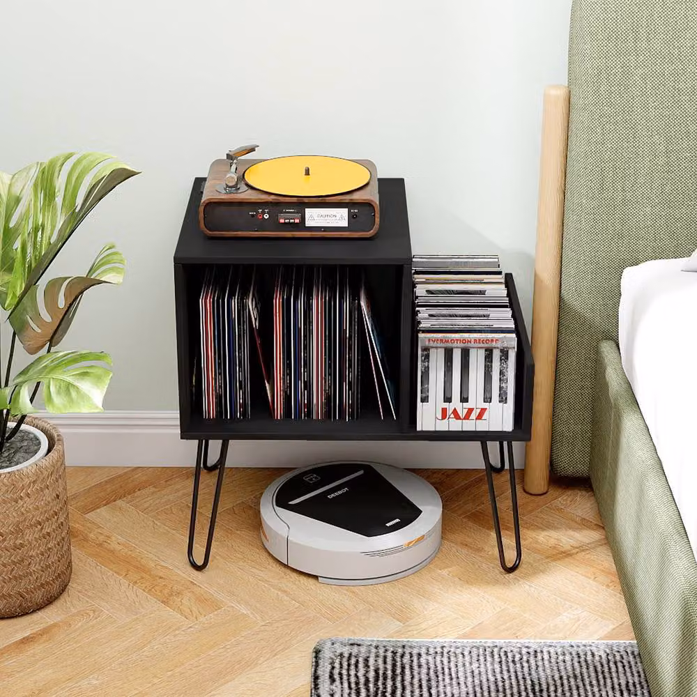 Gymax Modern Metal Turntable Stand with Power Outlet and Display Shelf in Black – 5