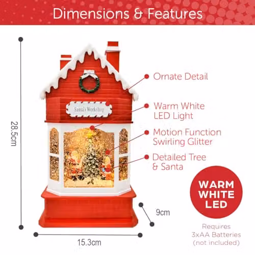 The Christmas Workshop Santa's Workshop Light-Up Snow Globe in White and Red with Swirling Glitter and Warm White LED Glow, W/D/H: 15.5 x 9.0 x 28.5 cm – 4