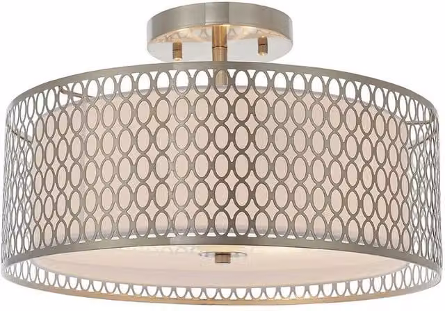 Loops Modern Round Geometric Low Ceiling LED Lamp Shade in Silver and White Glass and Fabric, W: 43 cm, D: 43 cm, H: 26 cm