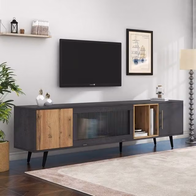 HomeTouch Modern Wood and Grey Grain TV Unit with Large Storage Space
