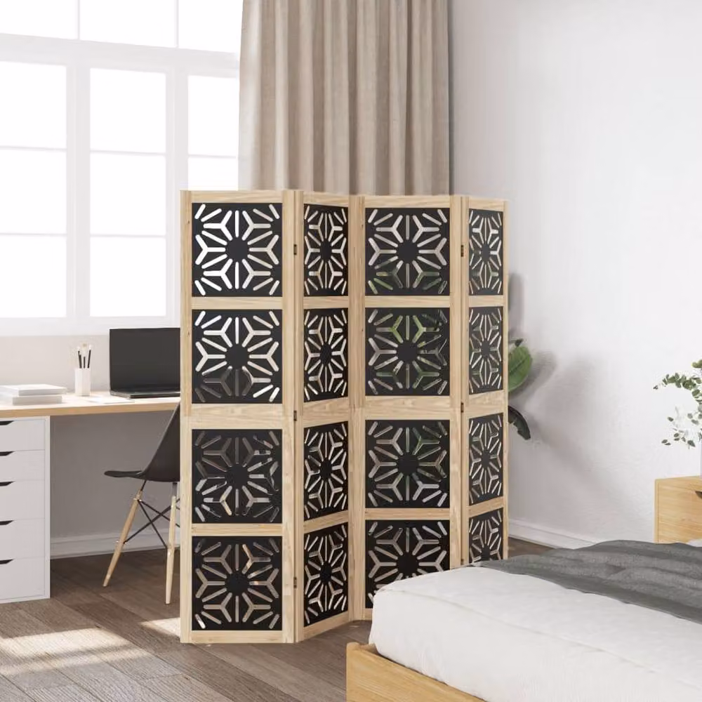 Berkfield Home 4-Panel Geometric Room Divider in Brown and Black Solid Paulownia Wood – 2