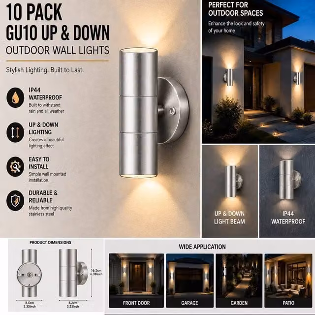 ATEK 10 Pack Silver Stainless Steel Up and Down GU10 Outdoor Wall Lights for Garden and Terrace – 1
