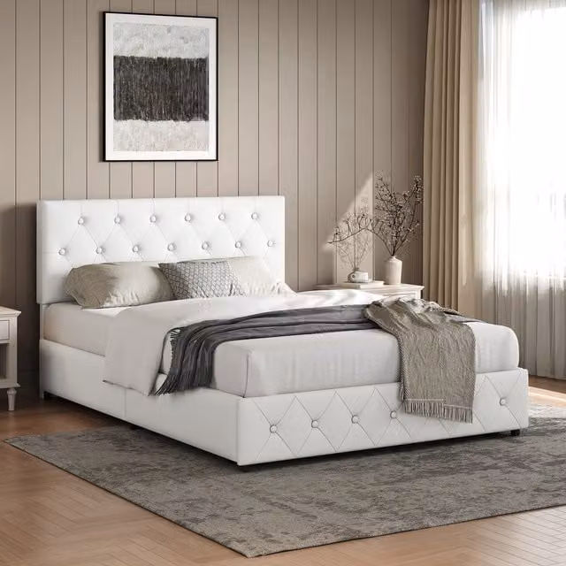 Yaheetech Faux Leather Upholstered Double Bed Frame with Storage Drawers in Beige and White, W/D/H: 140 x 200 cm