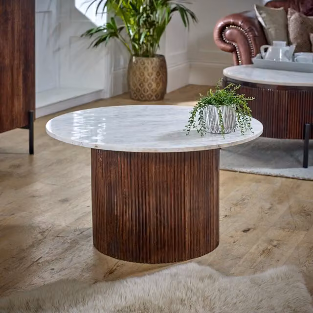 IH Design Luxor Mango Wood Coffee Table with Marble Top, Brown, W/D/H: 80 x 80 x 45 cm