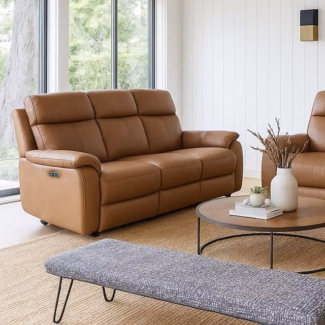 Aspire Kingsmere 3 Seater Power Recliner Sofa in Tan Real Leather with USB Charging