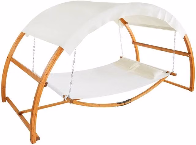 tectake Locarno 2 Seater Garden Hammock with Stand and Sun Canopy in Walnut and Brown