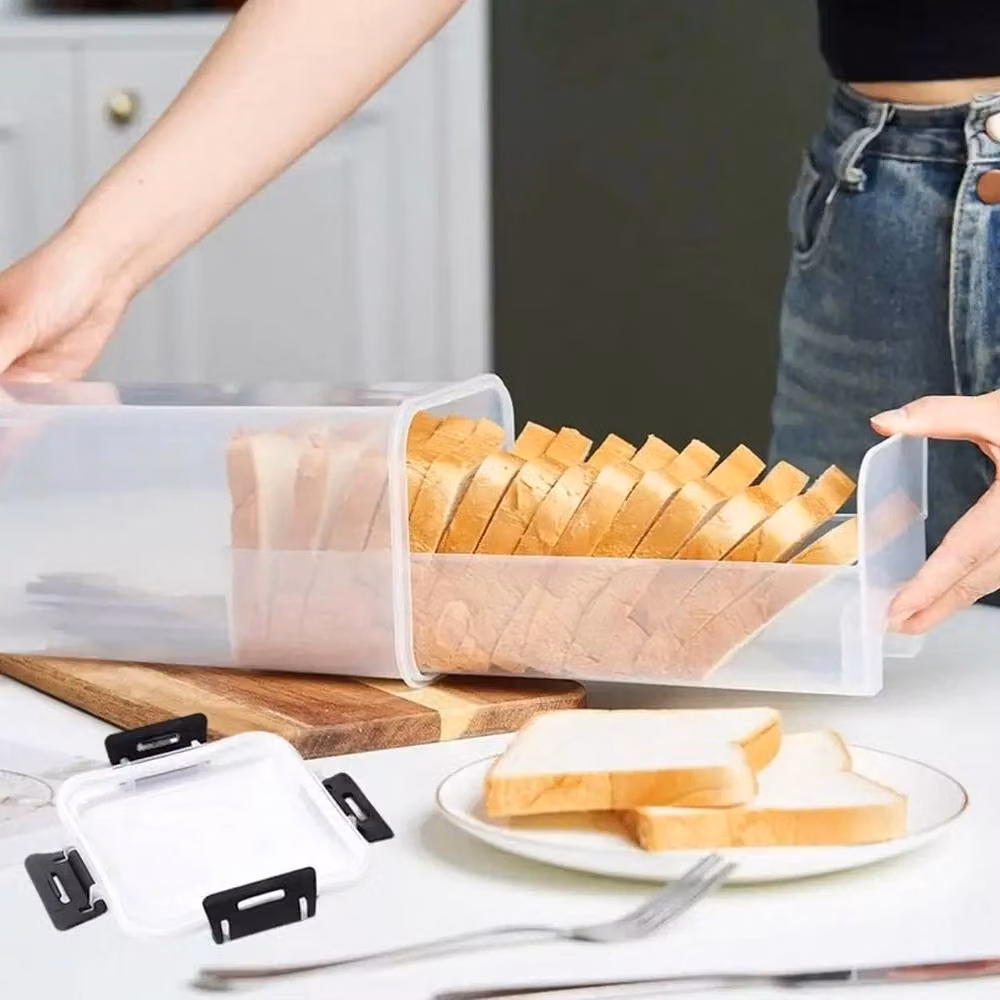 PAWNORA Bread Bin with Drawer Tray in Transparent Plastic, W: 38.7 cm, D: 38.7 cm, H: 16.1 cm – 5
