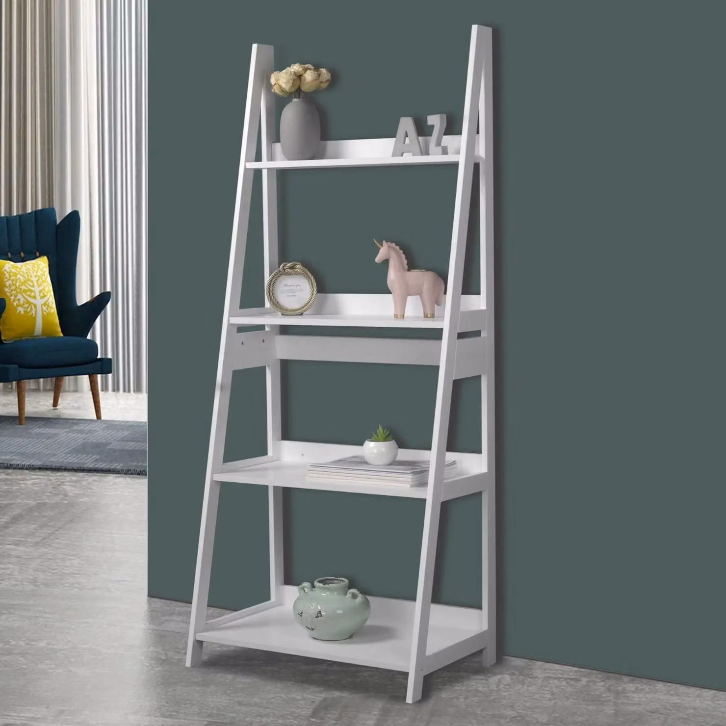 EONLION Modena 4-Tier Wooden Ladder Rack Display Stand and Storage Shelf in White, H 150.0 x W 63.0 x D 39.0 cm – 2