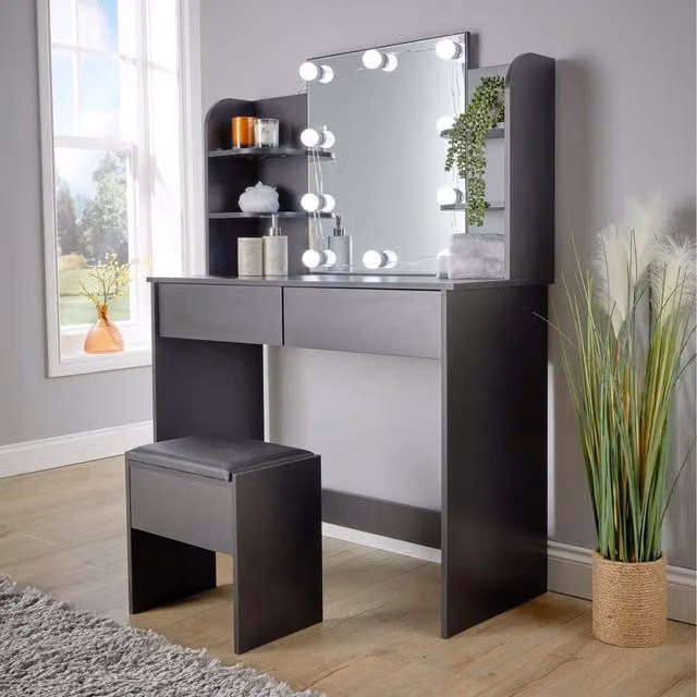 Home Source Julia Black Dressing Table with Hollywood LED Mirror and Stool
