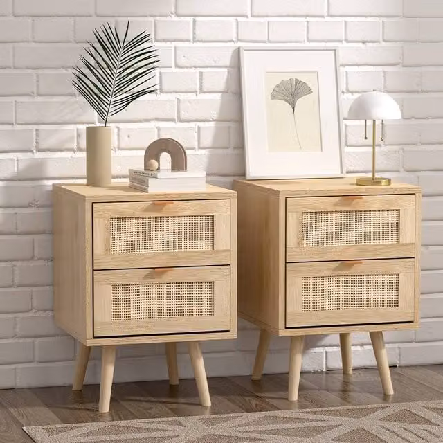 H&O Direct 2 Pack Natural Pine Wood and Rattan Freestanding Side Cabinets in Beige and Sand – 1