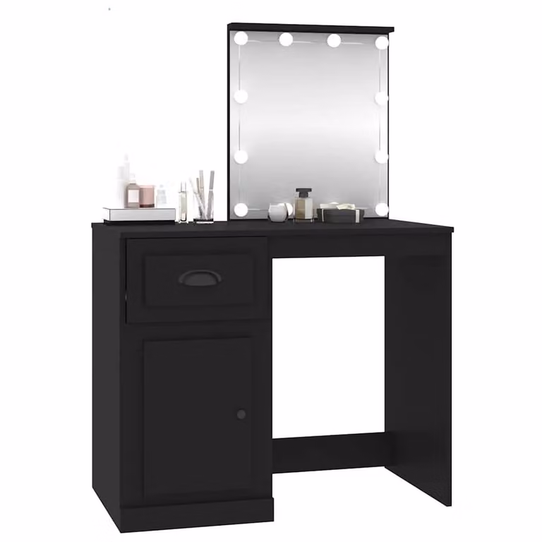 Berkfield Home White and Black Modern Dressing Table with Hollywood LED Mirror, W/D/H: 90 x 50 x 132.5 cm