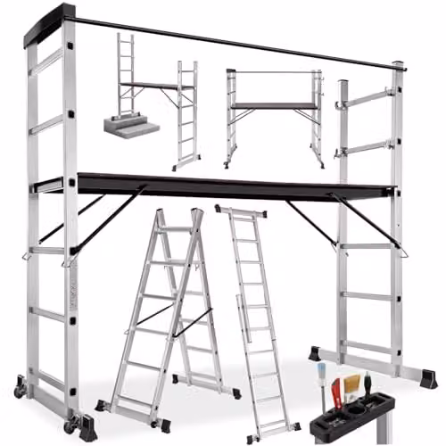 tectake Aluminium Multi-Purpose 4-in-1 Ladder in Silver with 150 kg Capacity and Rollable Rubber Feet