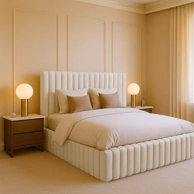 Desire Deco Brantley Panel Bed Frame in Beige Plush Velvet, Small Double (120 x 200 cm)