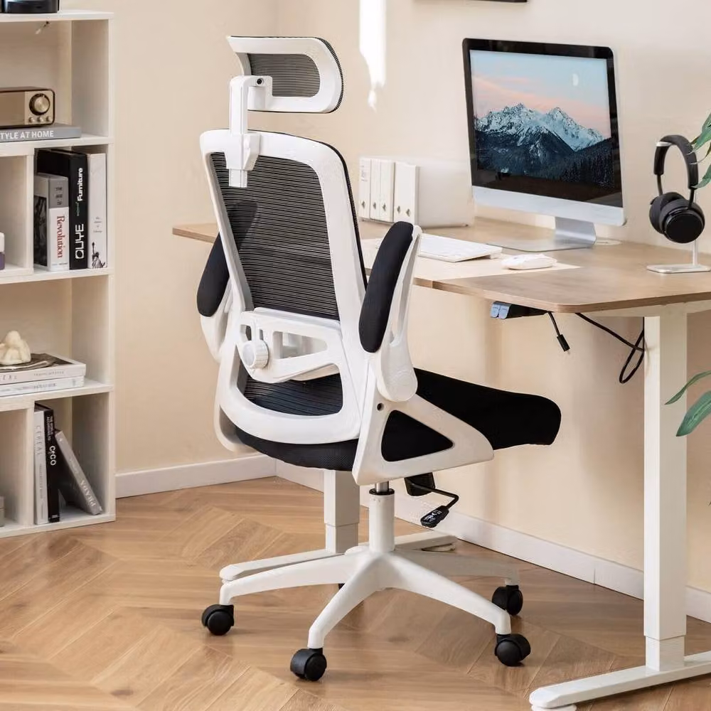 Costway White Fabric Swivel Office Chair with Headrest and Armrests – 3