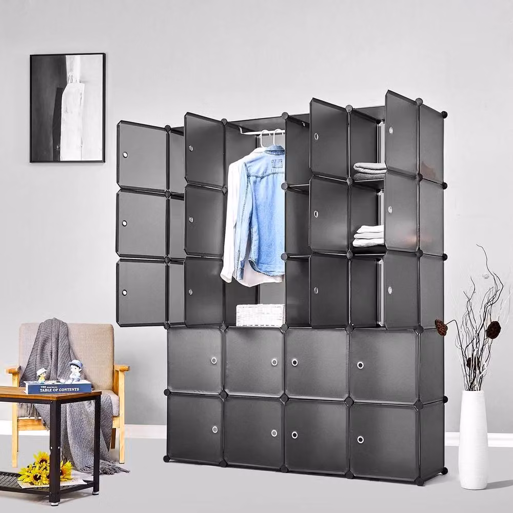 SPETLEK Black Plastic Cupboard Organiser and Freestanding Clothes Closet Storage with Hanging Rod – 3