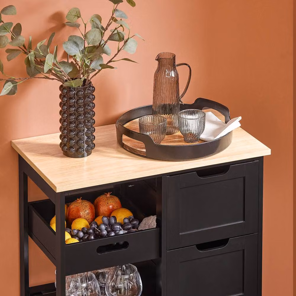 SoBuy Mobile Kitchen Trolley with 3 Drawers and Basket in Matt Black – 5