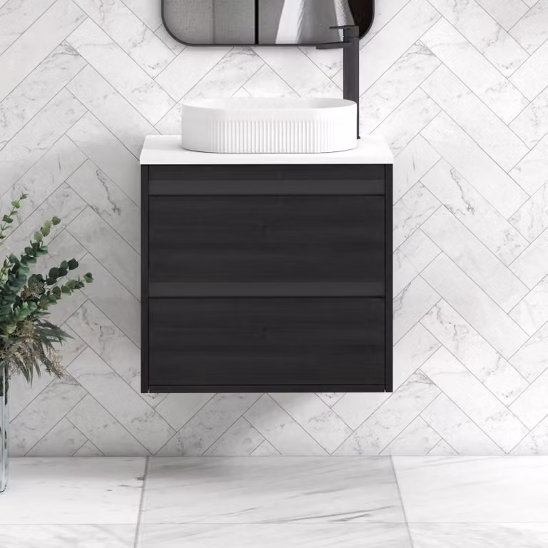 Royal Bathrooms Orion 600mm Hale Wall Hung Vanity Unit with Lyon Basin and 2 Drawers in Plain White and Black Accent Trim