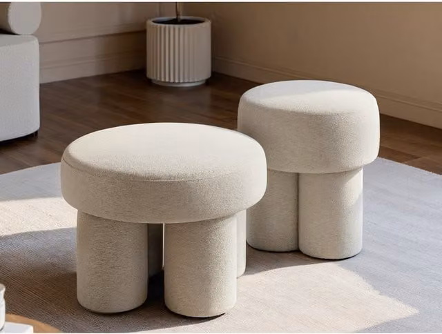 Solace+Co Ferro Pouffe Set in Beige Bouclé Fabric