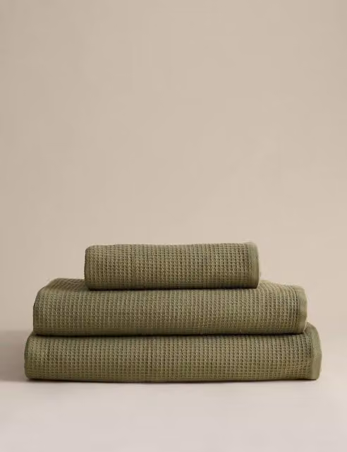 M&S Pure Cotton Reverse Waffle and Terry Towel in Green
